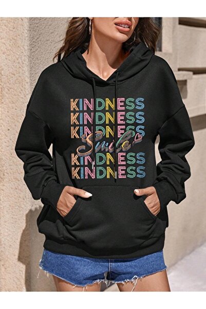 Deocept Smile Printed KINDNESS Pulover oversize unisex cu glugă, negru