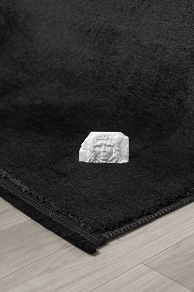 LİNOS HOME Puffy Siyah Saçaklı Peluş Yumuşacık Yıkanabilir Kaymaz Taban Halı Salon Oturma Odası Koridor