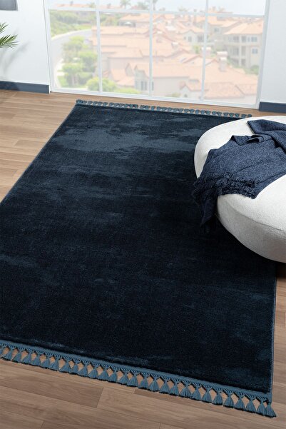 LİNOS HOME Puffy Mavi Örgü Saçaklı Peluş Yumuşacık Yıkanabilir Kaymaz Taban H...