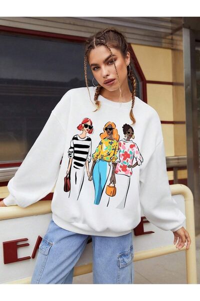 Deocept Hanorac oversize alb - 3 femei imprimate, ochelari, gât crew unisex