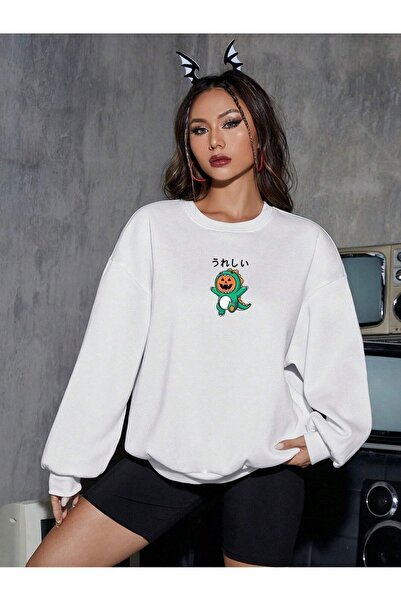 Deocept White Tirex Printed Unisex Oversize Sweatshirt - Crew Neck