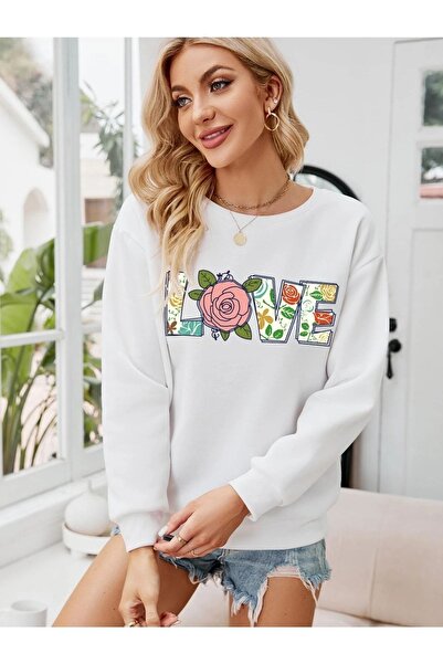 Deocept Hanorac Oversize Alb - Femei, Imprimat Dragoste