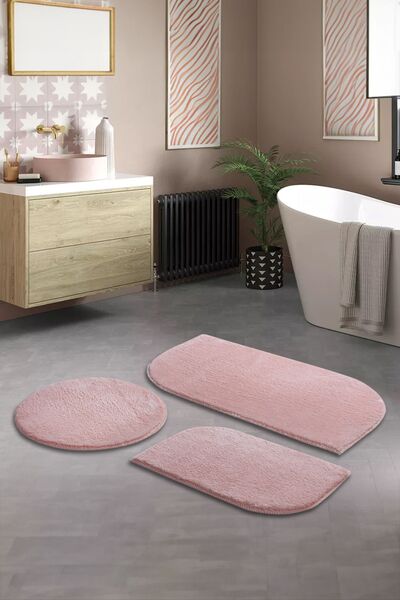 LİNOS HOME Pink Fluffy Bathroom Set 3-Piece Decorative Plush Non-Slip Base Washable(60X100-40X60-60X60)