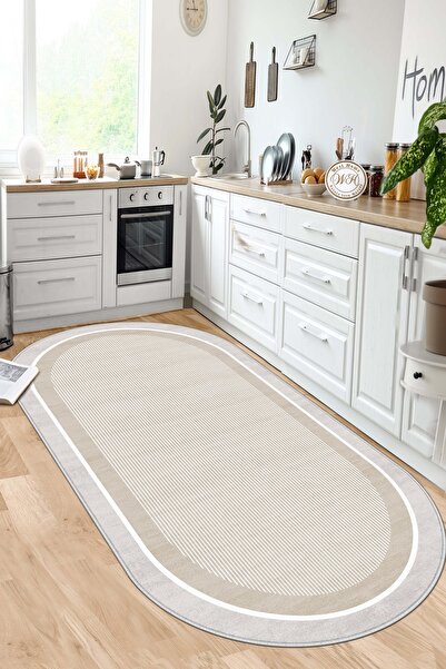 Lavita Home Makinede Yıkanabilir Kaymaz Taban Leke Tutmaz Bej Oval Mutfak Hal...