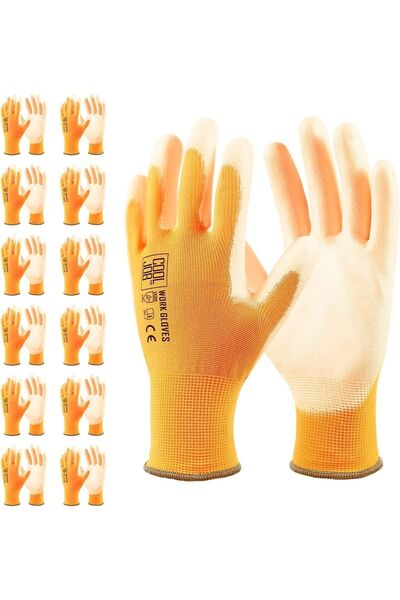 Janissary Polyester Örme Inşaat Ve Işçi Eldiveni Nitril, Sarı- Beyaz, (12 Çift)