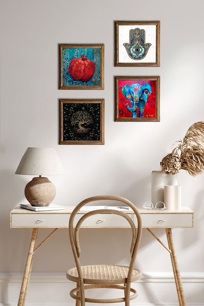 Pinecone Elephant, Tree of Life, Pomegranate, Fatma Mother Hand (Hamsa) Wall Painting Stone Wall Decor with Wooden Frame
