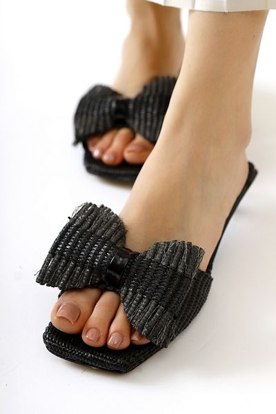 Limoya Tonka Black Straw Bow Banded Short Heeled Women's Slippers