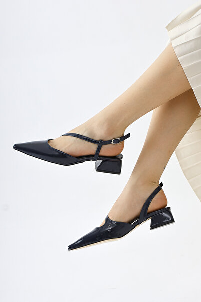 Limoya Rashel Navy Blue Patent Leather Pointed Toe Thin Cross-Strapped Low Heel Women's Shoes Offer Product