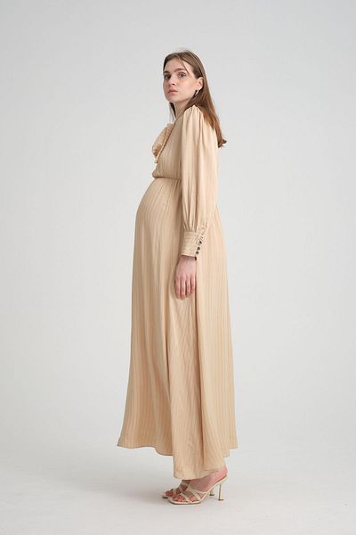 KATLİN MATERNİTY WEAR Maternity Striped Long Dress - Elastic Waist and Laced Collar Detail