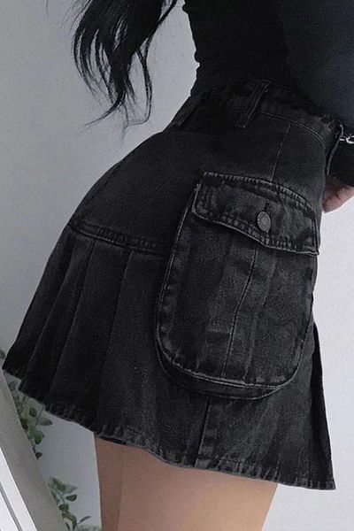 Köstebek Black Pleated Double Pocket Denim Skirt