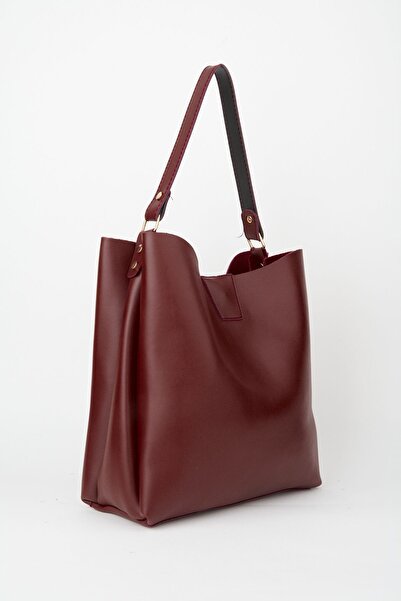 Çanta Park Women's Claret Red Soft Cut Leather 3 Compartment Zipper and Snap Closure Handbag and Shoulder Bag