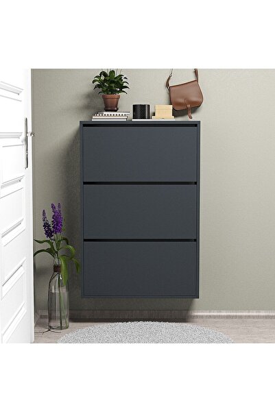 ROEWOOD Ayakkabılık Düşer Kapak 3 Bölmeli Kayar Raflı Antrasir Gri