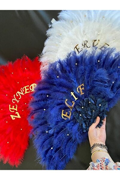 TAN EVENT Lacivert Gelin Yelpazesi 60*35 Cm,kına Gecesi,bekarlığa Veda,henna Night ,ahşap Tüylü Yelpaze,