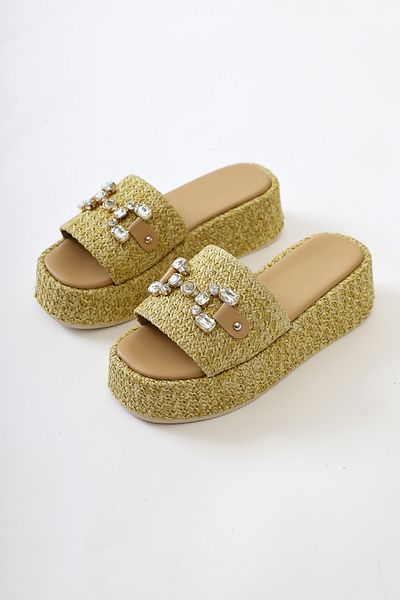 Limoya Dorine Skin Color, Beige Women's High-Top Straw Slippers with Stone Buckle Detail