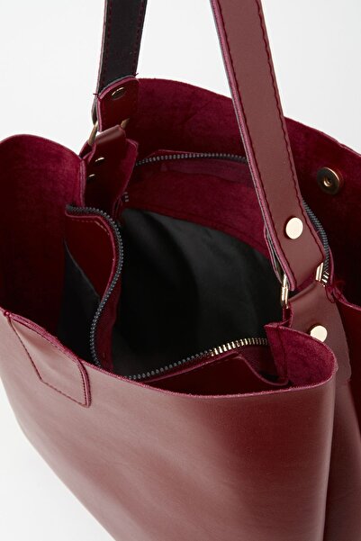 Çanta Park Women's Claret Red Soft Cut Leather 3 Compartment Zipper and Snap Closure Handbag and Shoulder Bag