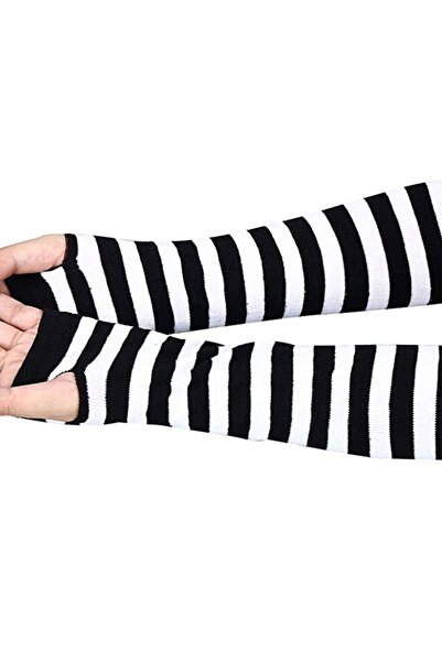 Redboxbutik Kesik Parmak Siyah Beyaz Çizgili Ikili Kolluk
