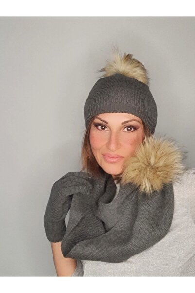 Senbeno Design Füme Gri Ponponlu Kadın Atkı Bere Eldiven Takım