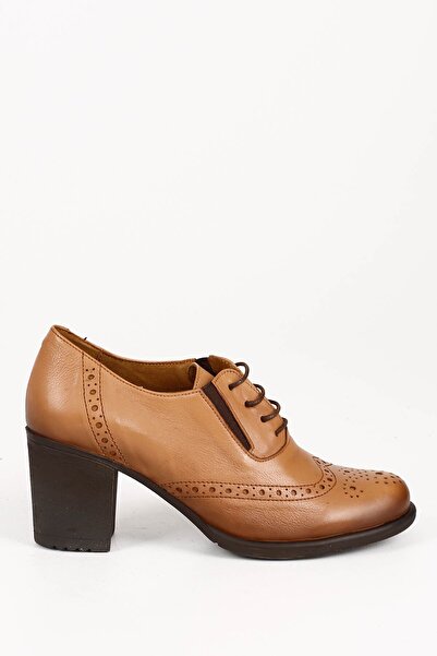 GÖNDERİ(R) Women's Light Tan Laced Medium Thick Heeled Genuine Leather Oxford Shoes