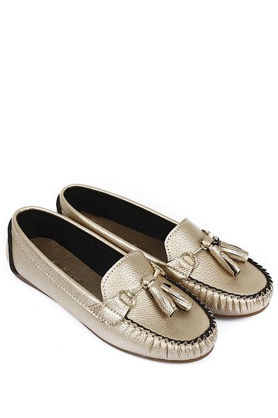 GÖNDERİ(R) Gold Heart Round Toe Flat Sole Buckle Tasseled Women's Ballerinas 30120