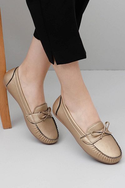 GÖNDERİ(R) Gold Heel Round Toe Flat Sole Bow Women's Ballerinas 30100