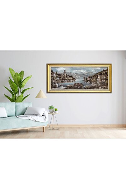 Ensarioğlu Resim Çerçeve Nehir Kasabası Manzara Goblen Dokuma Çerçeveli Paspartolu Tablo - 144x65