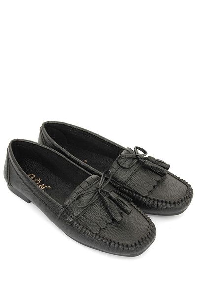 GÖNDERİ(R) Black Blunt Toe Flat Sole Fringe Tasseled Bow Women's Ballerinas 36150