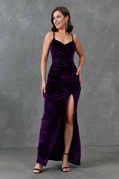 vuvutasarım Fioletowa aksamitna tkanina z kołnierzykiem i rozcięciem, szczegółowa sukienka maxi 582689