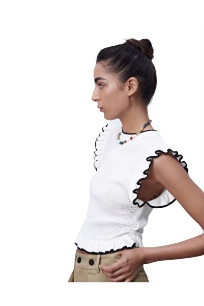 Reyon Zero Sleeve Sweater Women's Knitwear Knitted Style Frilly White Jumpers Sweater Style Seasonal Knitted T-shirt