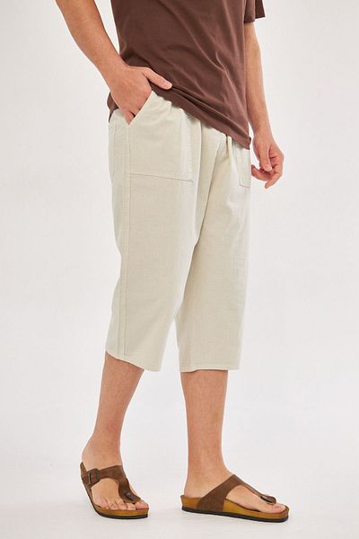 NASIFOĞLU GİYİM Men's 100% Cotton Beige Elastic Waist Linen Capri Comfortable Loose Fit Cool Capri