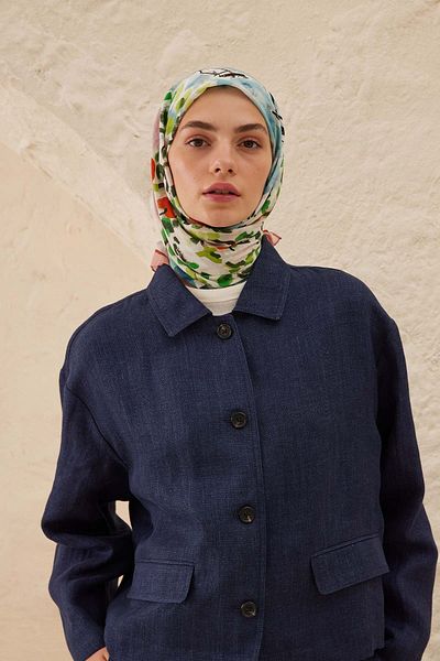 Fresh Paradise Patterned Cotton Voile Scarf - Blue