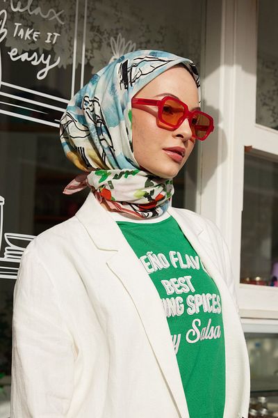 Fresh Paradise Patterned Cotton Voile Scarf - Blue