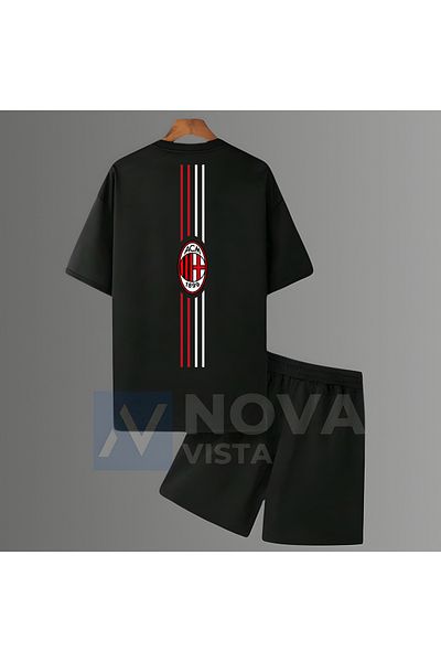 Biy Store AC Milan Striped Unisex Men's and Women's Black T-shirt and Shorts Set
