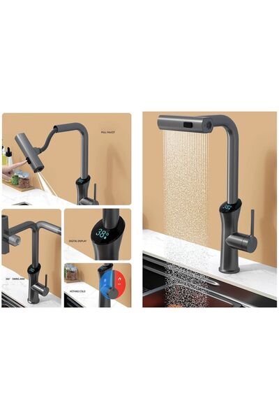 OEM Anthracite Digital Kitchen Sink Faucet - 3 Functions, Fountain