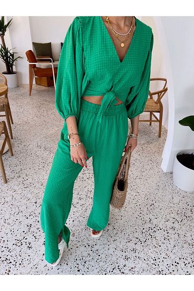 Suzi butik Gingham Crop Top and Palazzo Pants Women's Set