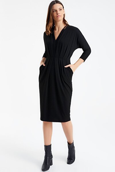 MissKybele Önü Büzgülü Cepli Esnek Turvakar Çeyrek Kol V Yaka Pileli Likralı ...