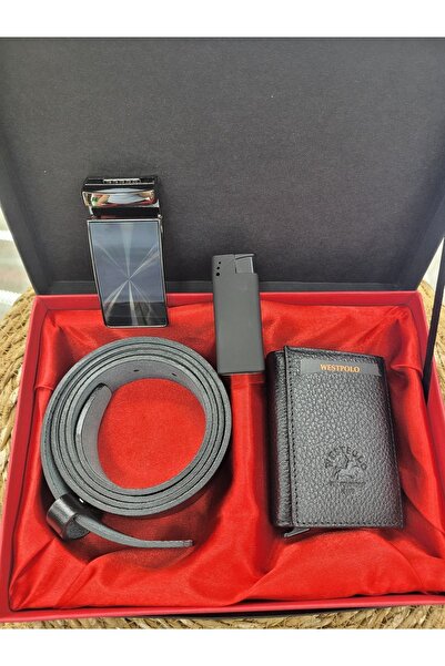 Westpolo Hakiki Deri Mekanizmalı Cüzdan Hakiki Deri Kemer Erkek Set Çakmak He...