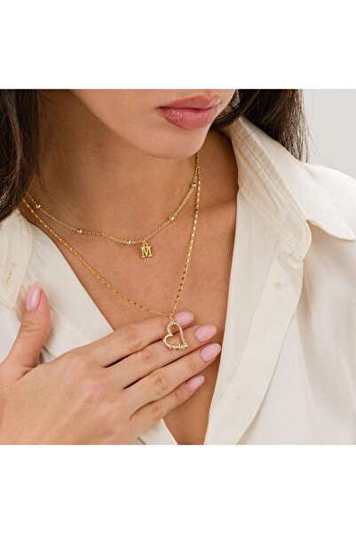 HOBİSY GIFT SHOP Harf Detaylı Zirkon Taşlı Kalp Kolye - Kararmaz Altın Kaplama