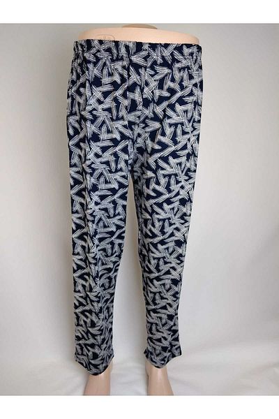 YAŞAR TRİKO Navy Blue Patterned Viscose Women's Bottom Clothing - Double Pocket, Elastic Waist, Summer Door