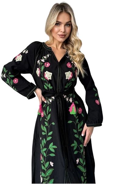 Cassime Black Ethnic Flower Embroidered Linen Cotton Dress - Below the Knee