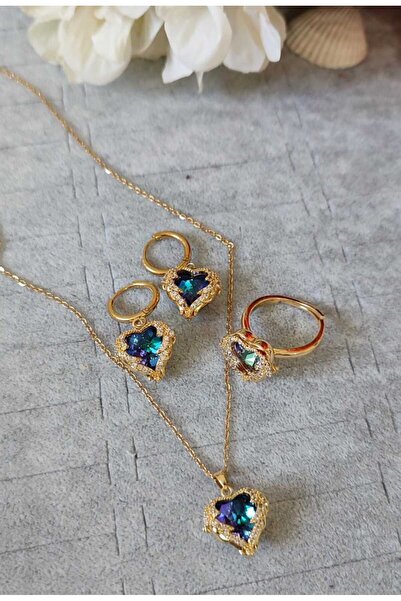 HKN AVM ACCESSORİES Çelik yüzük Okyanus Kalbi Melek Kalbi Kolye Küpe Seti