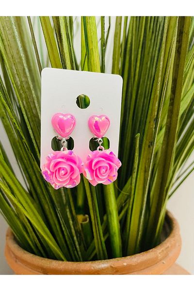 1PARÇAMAVİ Pink Rose Earrings with Heart Clip Children's Earrings - Non-perforated Earrings
