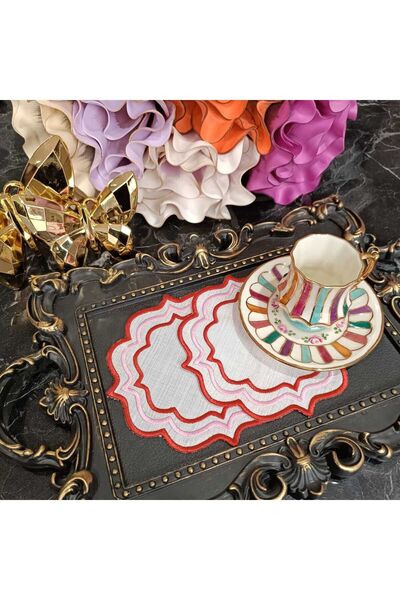 LASETU منديل كوكتيل مفصل باللونين الأحمر والوردي و منديل تقديم القهوة 2 قطعة