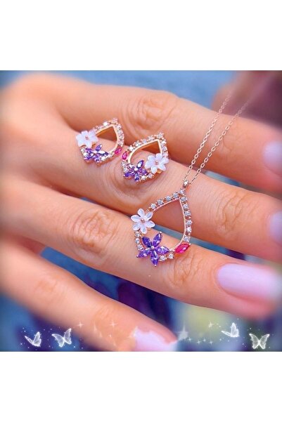 vogutima Manolya Çiçeği Ametist Damlası Rose Renk Flowers 925 Ayar Gümüş Ikil...