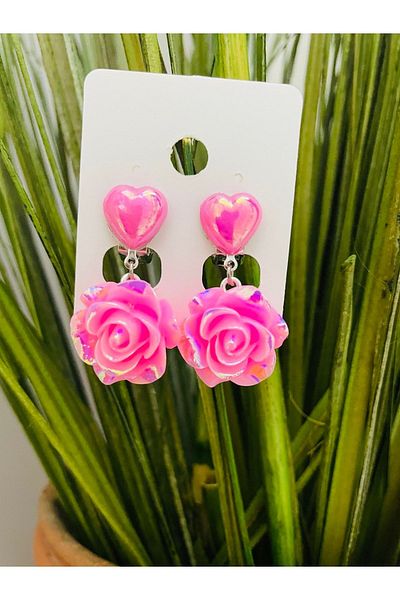 1PARÇAMAVİ Pink Rose Earrings with Heart Clip Children's Earrings - Non-perforated Earrings