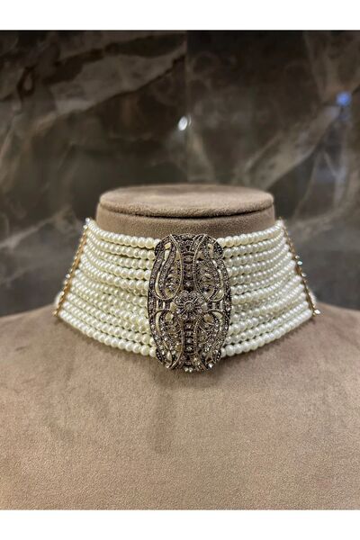 vogutima Choker 12 Sıra Cam Inci Elmas Montürlü Zirkon Taşlı Antik Bronz Tasm...