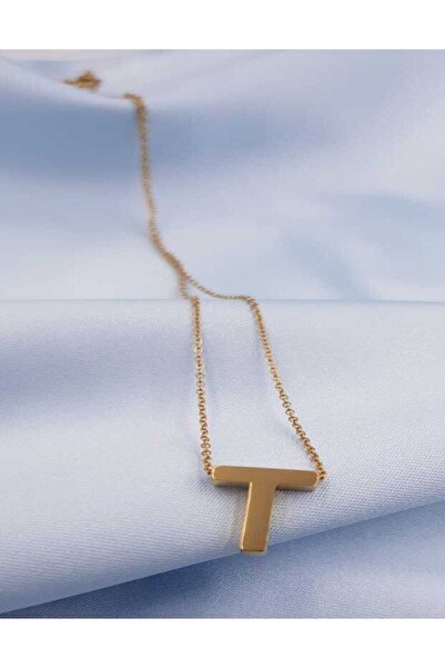 vogutima jewelery&silver by timuçin mavili Kişiye Özel Üç Boyutlu Çelik (T) Harf Sarı Renkdeniz Ve Havuz Suyuna Dayanıklı Paslanmaz Kolye