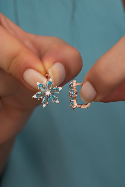 Nereze Vog Kadın 925 Ayar Gümüş Aquamarin Taşlı Çiçek Roze Renk Küpe