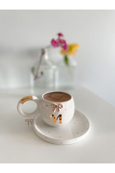 Mugtasarım 24 K Gold - Gilded Pink Bow Double Turkish Coffee Cup - Letter M