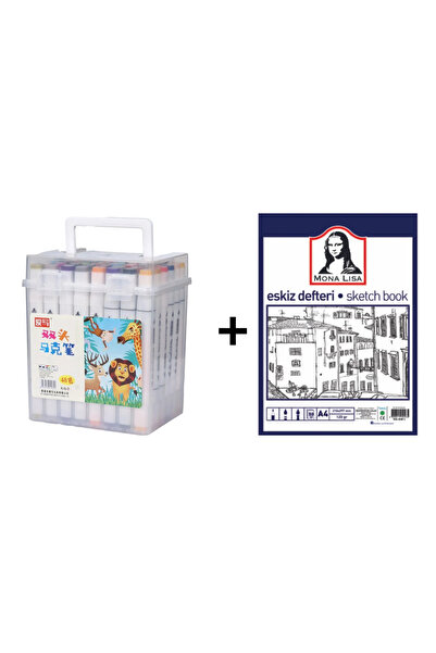 TİFOYS 48'li Çift Taraflı Art Marker Keçeli Kalem Seti Kutulu + Mona Lisa Eskiz Defteri A4 50 Yaprak 120GR.