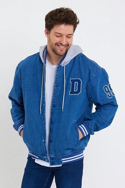 DAMGA JEANS Γούνινο Κολεγιακό Παλτό Μπλε με Κουκούλα
